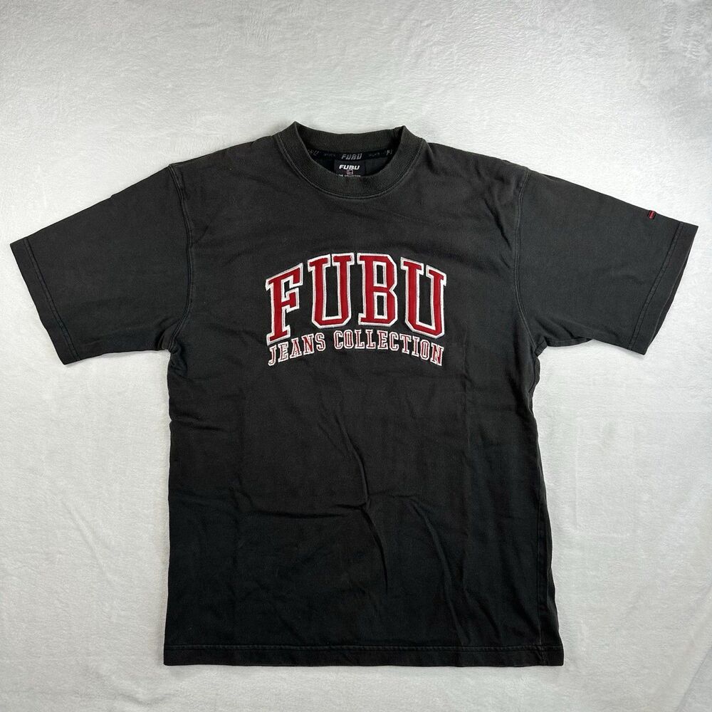 Vintage FUBU Jeans Collection T Shirt Youth XL Adult S Black Spellout Logo Y2K